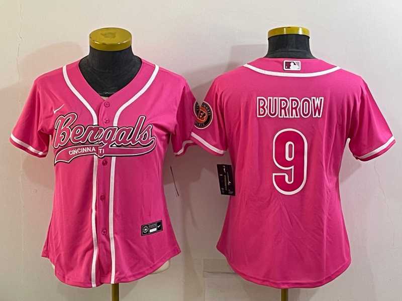 Women%27s Cincinnati Bengals #9 Joe Burrow Pink With Patch Cool Base Stitched Baseball Jersey
